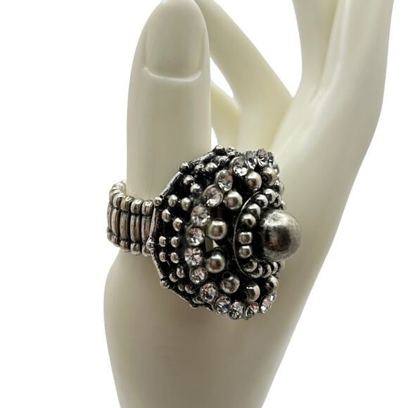 Large Domed Statement Stretch Cocktail Ring Silver Tone with Clear Rhinestones - Picture 1 of 10